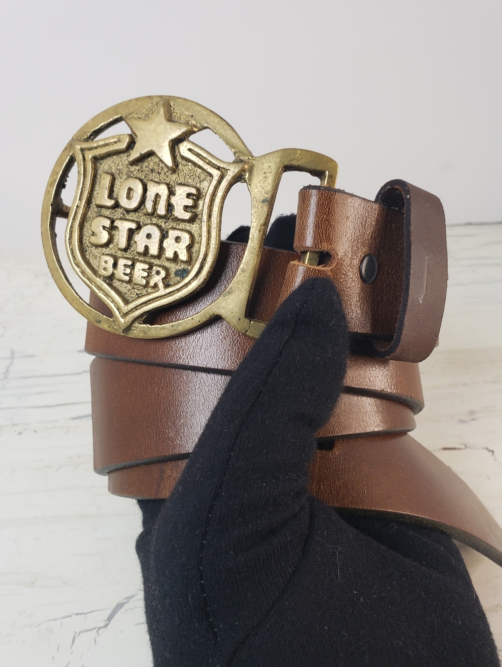 Vintage Brass Lone Star Beer Logo Belt Buckle & Leather Belt - size 36
